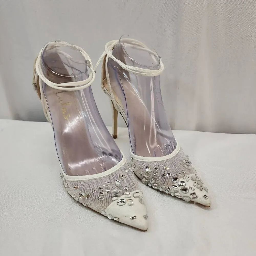 Lulu's Size 8.5 Lykana White Satin Rhinestone Lace-Up Pointed-Toe Pumps Wedding